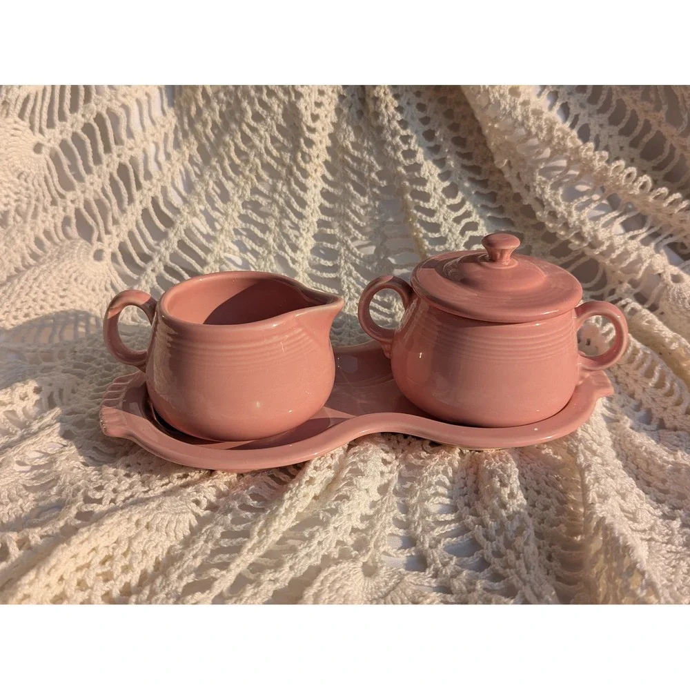 Fiesta Rose Cream and Sugar Set with Tray Vintage 1980s Homer Laughlin Rose